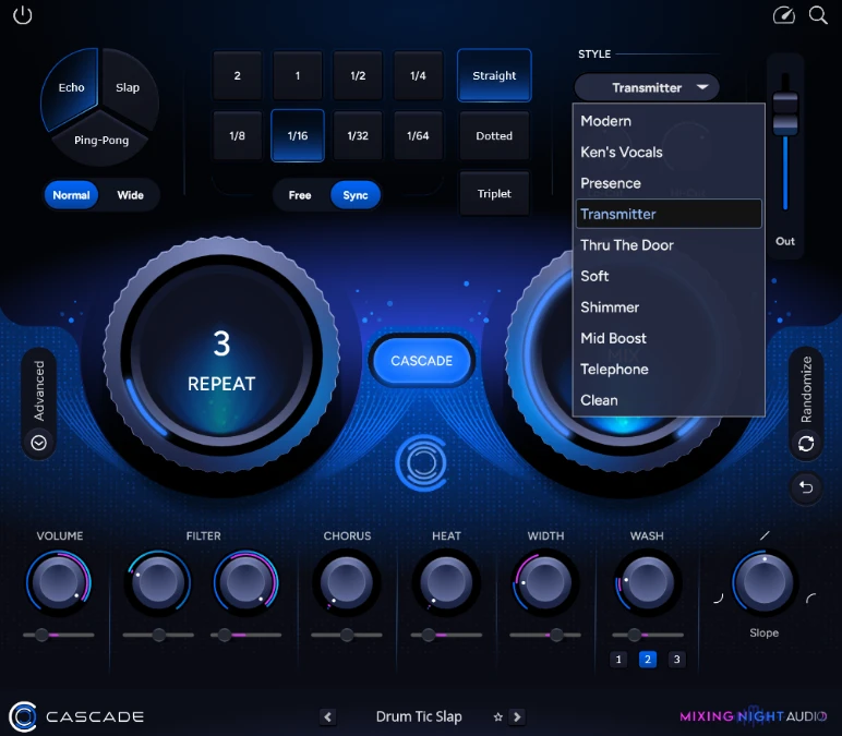 Ausgeklapptes Styles-Menü von Mixing Night Audio Cascade