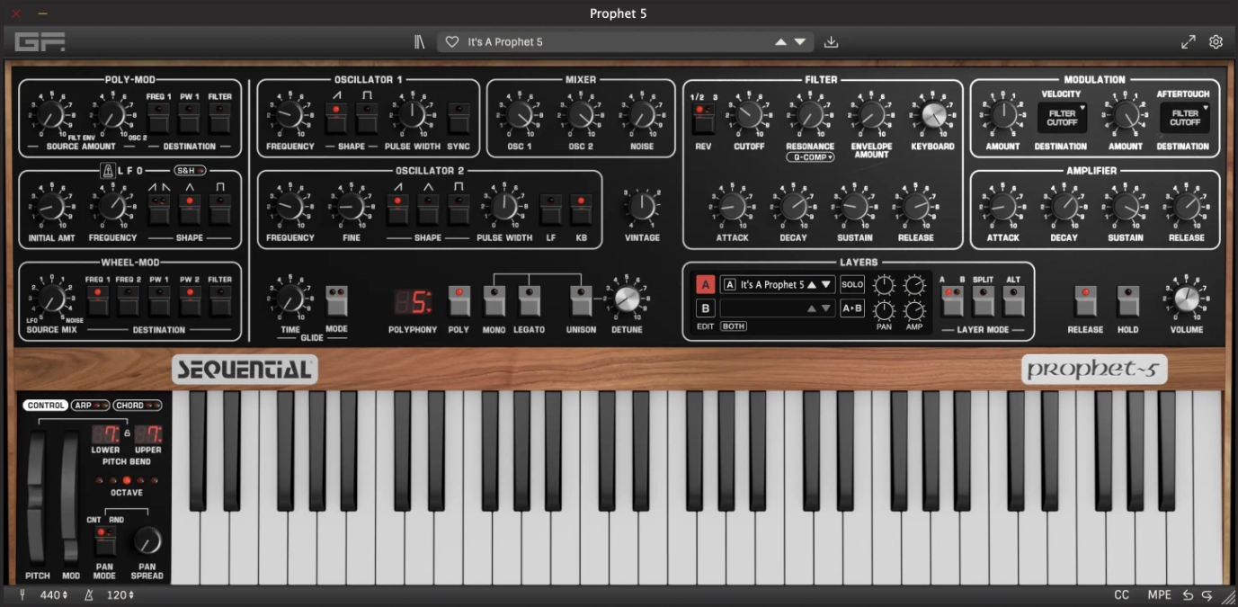 GForce Sequential Prophet 5 Nutzeroberfläche Basic